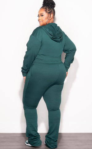 Final Sale Plus Size 2pc Hooded Crop Zip-Up Jacket and Pants Set in Green