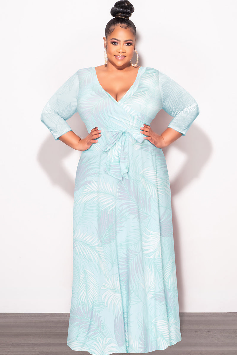 Final Sale Plus Size Faux Wrap Dress in Aqua Palm Print – Chic And