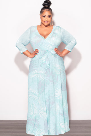 Final Sale Plus Size Faux Wrap Dress in Aqua Palm Print