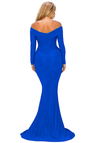 Final Sale Plus Size Glitter Off the Shoulder Gown with Slit in Royal Blue