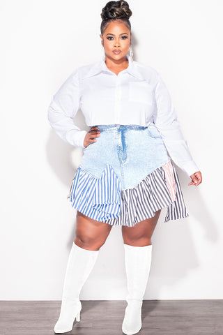 Final Sale Plus Size Splicing Skirt in Denim Multi Color Stripe Print