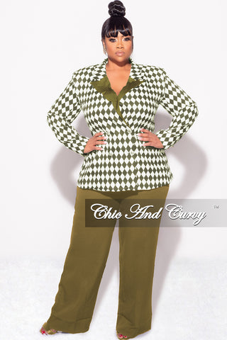 Final Sale Plus Size 2pc Pants Suit in Olive and White Diamond Print