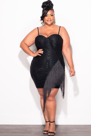 Final Sale Plus Size Spaghetti Strap BodyCon Dress with Side Fringe in Black