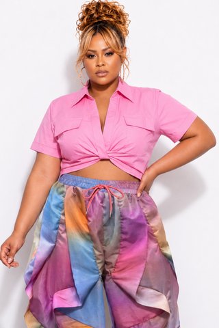 Final Sale Plus Size Cropped Poplin Top in Pink