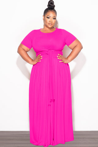 Final Sale Plus Size 2pc Short Sleeve Tie Top and Skirt Set in Hot Pink