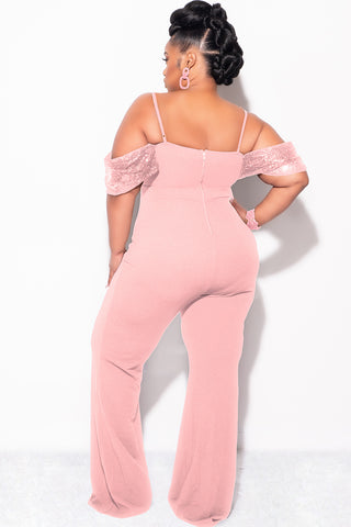 Final Sale Plus Size Off The Shoulder Faux Wrap Sequin Jumpsuit Mauve Pink