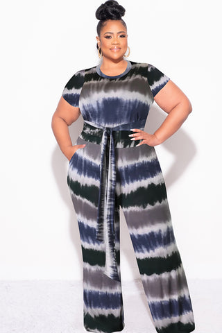 Final Sale Plus Size 2pc Crop Tie Top and Pants Set in Navy & Grey