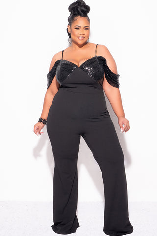 Final Sale Plus Size Off The Shoulder Faux Wrap Sequin Jumpsuit Black