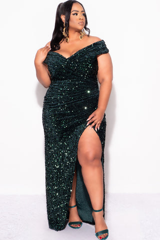 Final Sale Plus Size Off The Shoulder Sequin & Velvet Ruched Gown with Front Slit in Green