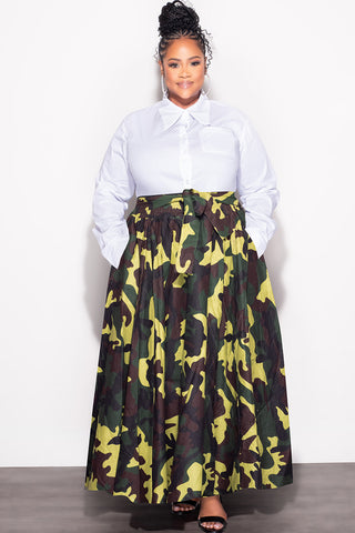 Final Sale Plus Size High Waist Maxi Skirt with Tie in Camouflage Print