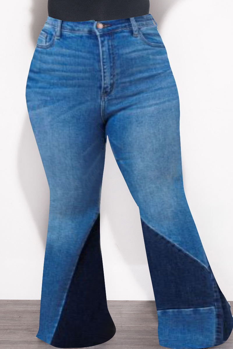 Final Sale Plus Size ColorBlock Flare Denim Jeans in Dark Stone Denim