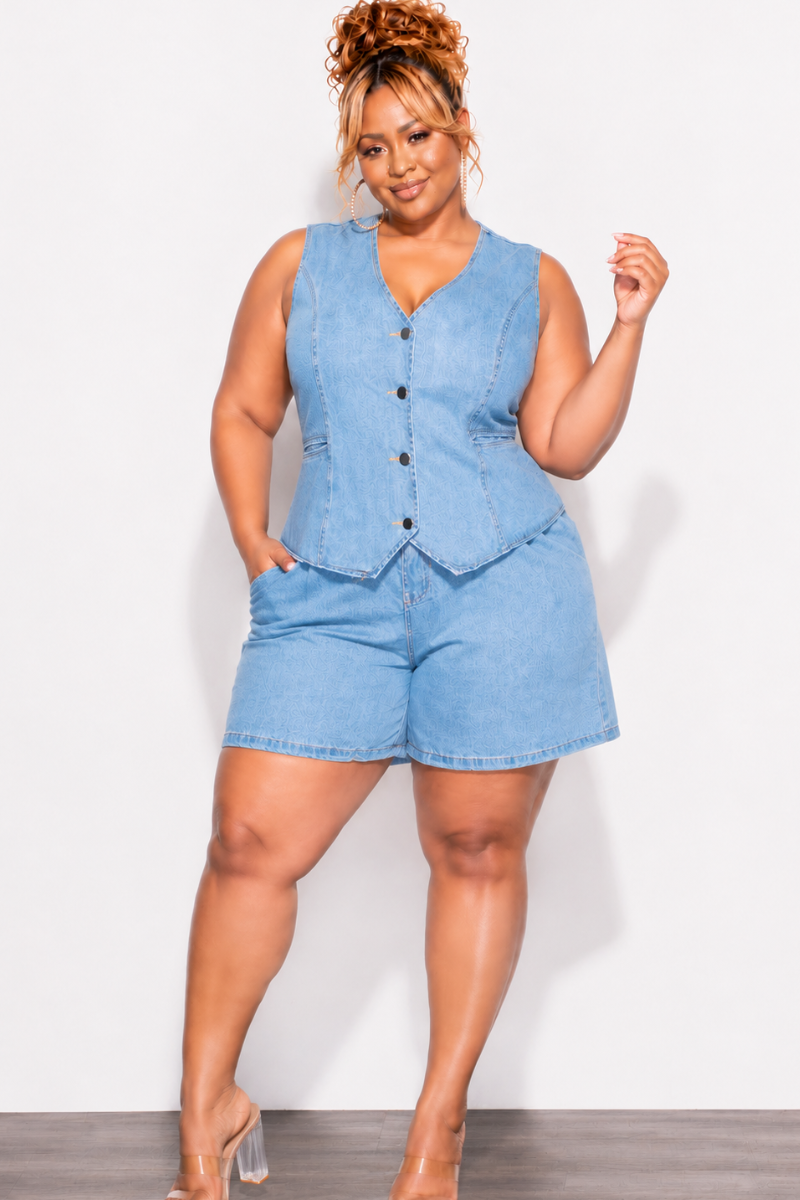 Final Sale Plus Size 2pc Sleeveless Blazer Vest Short Set in Denim