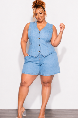 Final Sale Plus Size 2pc Sleeveless Blazer Vest Short Set in Denim