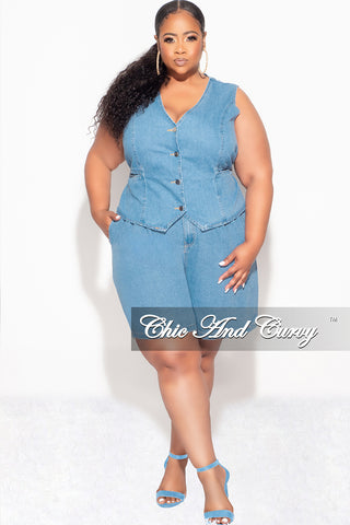 Final Sale Plus Size 2pc Sleeveless Blazer Vest Short Set in Denim