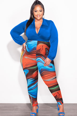 Final Sale Plus Size 2pc Wrap Top and Pants Set in Royal Blue Multi Color