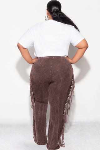 Final Sale Plus Size High Waist Fringe Trim Pants in Brown Acid Wash Print Jersey