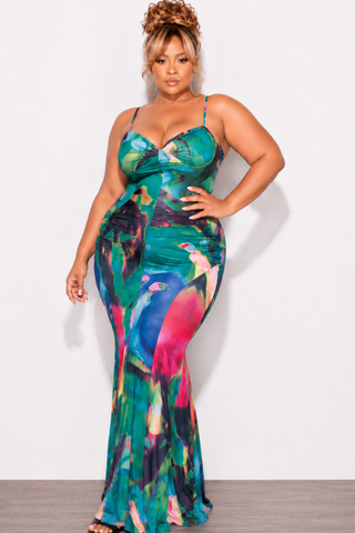 Final Sale Plus Size Spaghetti Strap Mermaid Gown in Green Multi Color