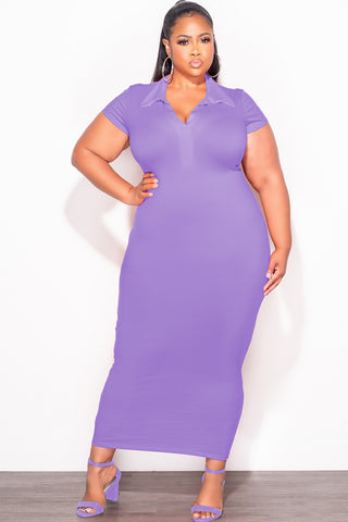 Final Sale Plus Size Collar V Neck Midi Dress in Lavender
