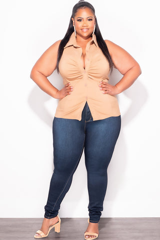 Final Sale Plus Size Sleeveless Collar Button Up Ruched Top in Cappuccino