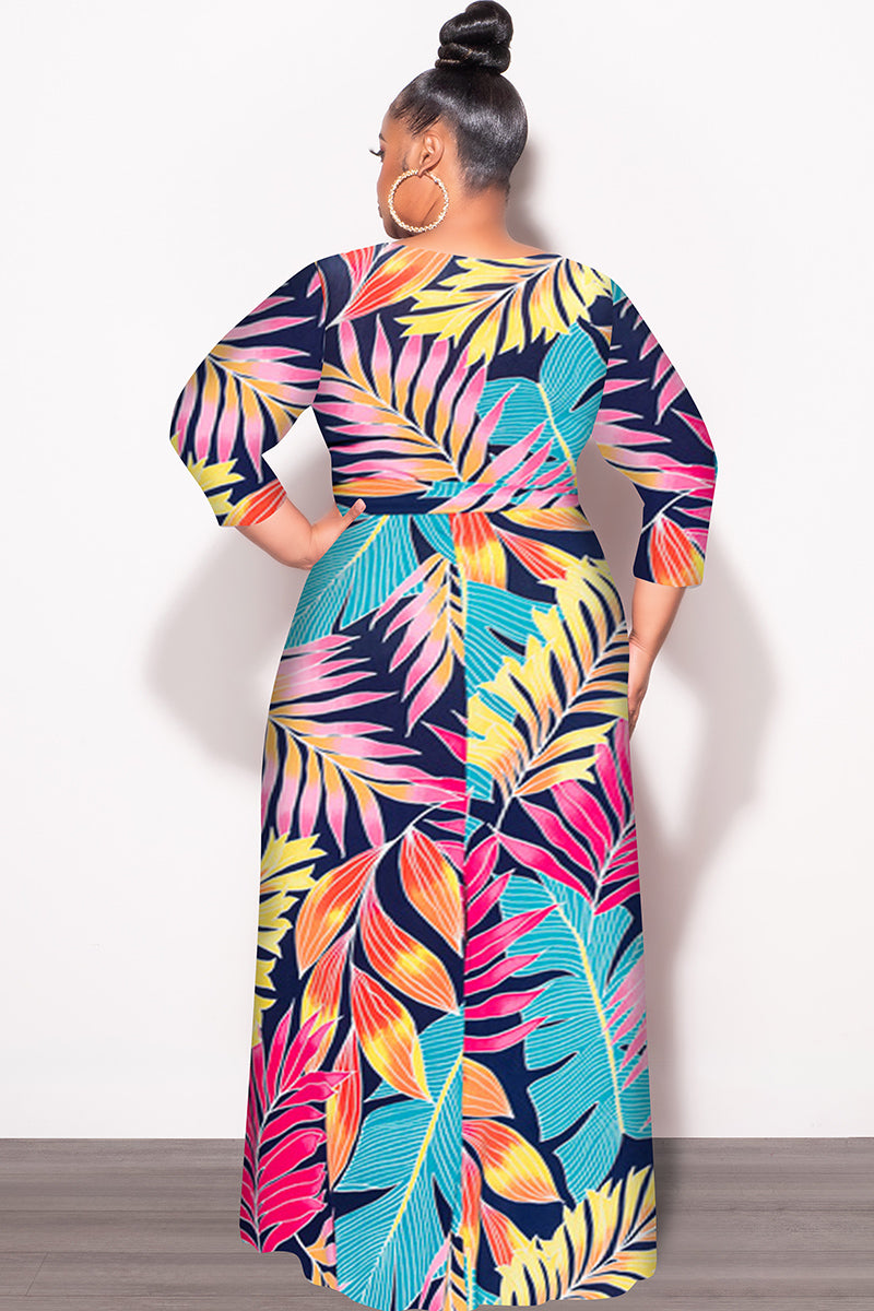 colorful wrap dress Final Sale Plus Size Deep V Faux Wrap Dress with 3/4 Sleeves in Navy Multi Leaf Print
