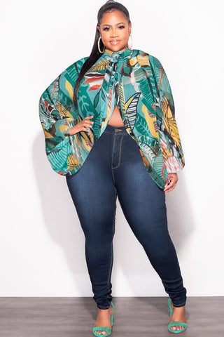 Final Sale Plus Size Sheer Balloon Sleeve Crop Top in Teal Multi Color Leaf Print