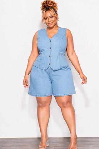 Final Sale Plus Size 2pc Sleeveless Blazer Vest Short Set in Denim