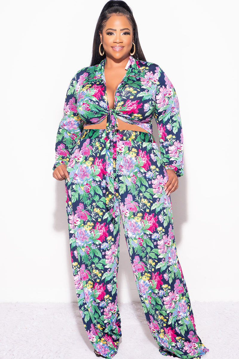 Final Sale Plus Size 2pc Collar Crop Faux Wrap Tie Top and Pants Set in Floral Multi Color Print