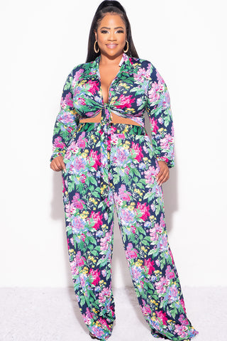 Final Sale Plus Size 2pc Collar Crop Faux Wrap Tie Top and Pants Set in Floral Multi Color Print