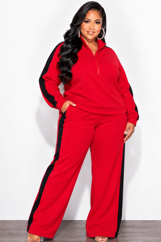 Final Sale Plus Size 2pc Zip-Up Fleece Pant Set in Red & Black