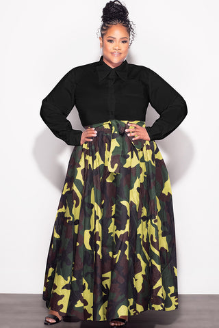 Final Sale Plus Size High Waist Maxi Skirt with Tie in Camouflage Print