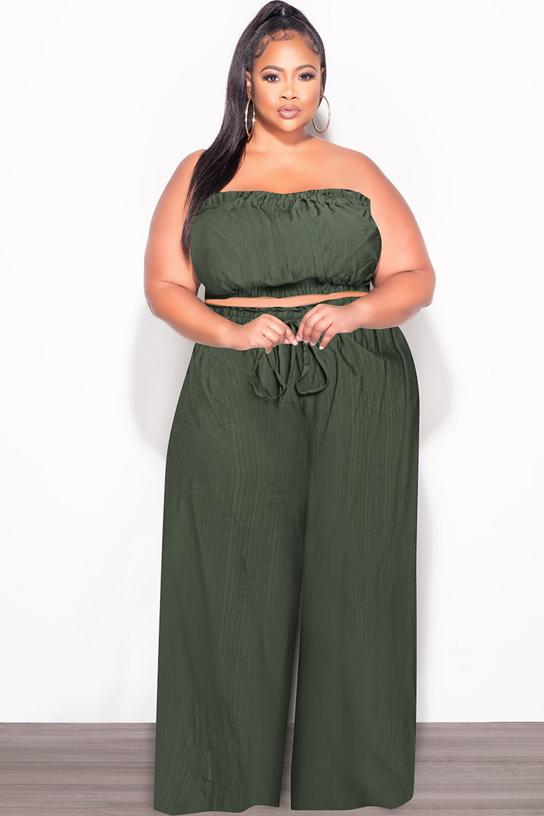 Final Sale Plus Size 2pc Strapless Crop Top and Flare Pants Set In