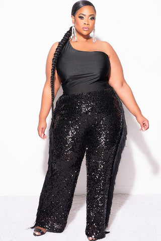 Final Sale Plus Size 2pc One Shoulder ToP and Sequin Fringe Pants in Black