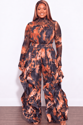 Final Sale Plus Size 2pc Set Mesh Top & Wide Leg Drawstring Oversized Windbreaker Wavy Halter Jumpsuit in Rust & Black Leopard