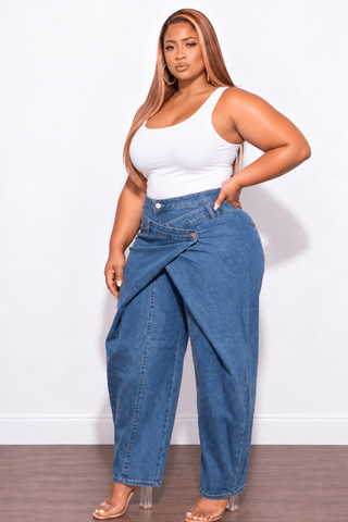 Final Sale Plus Size Crossover-Waist Barrel Leg Jeans in Denim