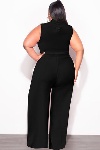 Final Sale Plus Size Collar Button Up Sleeveless Jumpsuit in Black