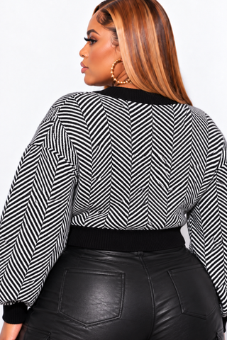 Final Sale Plus Size Thick Crop Cardigan Sweater in Black & White Stripe