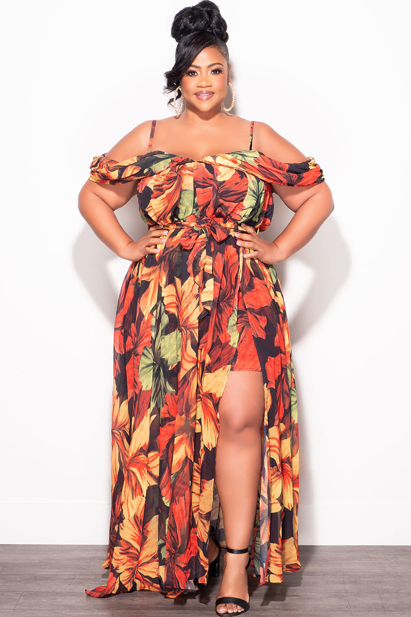 Final Sale Plus Size Off The Shoulder Chiffon Dress with Spaghetti Straps In Orange Rust Leaf Print