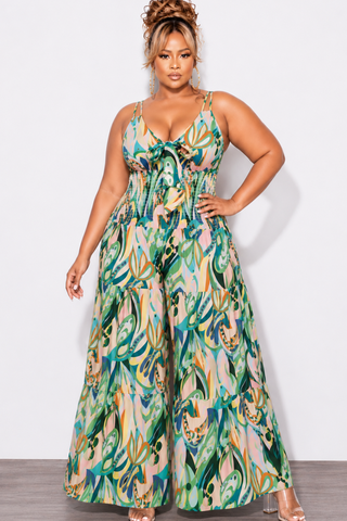 Final Sale Plus Size Spaghetti Strap Tie Front Tiered Wide Leg Jumpsuit with Keyhole in Multi-Color Mix Print