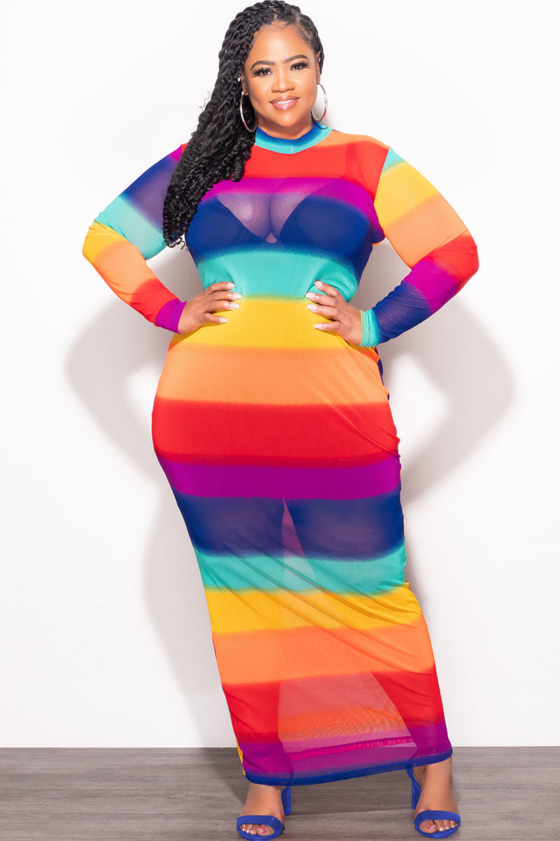Final Sale Plus Size Sheer Mesh Bodycon Dress in Rainbow Stripes - 3x 22 Final Sale Plus Size Sheer Mesh Bodycon Dress in Rainbow Stripes - 3x 22