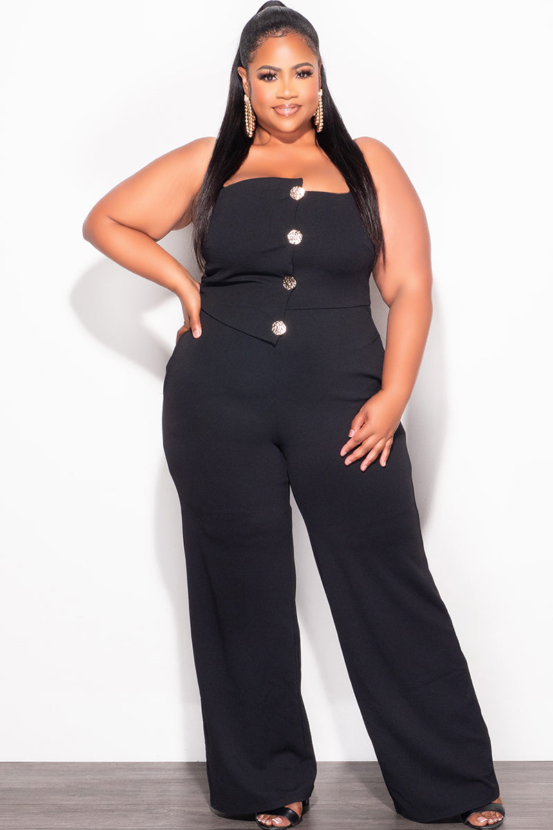 Final Sale Plus Size Spaghetti Strap Jumpsuit with Gold Button Detail in Black