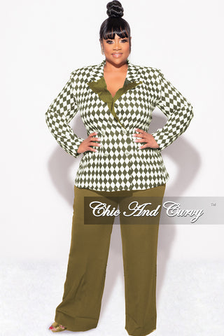 Final Sale Plus Size 2pc Pants Suit in Olive and White Diamond Print