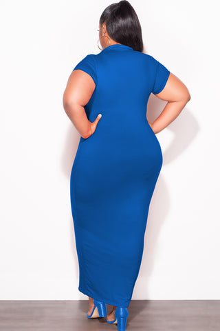 Final Sale Plus Size Collar V Neck Midi Dress in Royal Blue