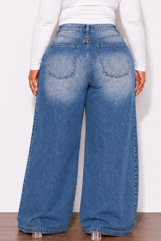 Final Sale Plus Size Baggie Wide Leg Distressed Jeans in Denim