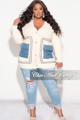 Final Sale Plus Size Button Up Wool Cardigan with Denim Pockets in Ivory