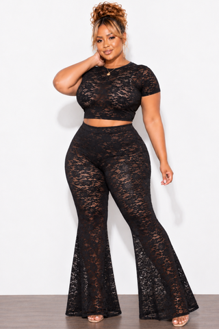 Final Sale Plus Size 2pc Short Sleeve Crop Lace Top & Pant in Black