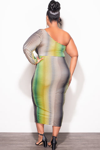Final Sale Plus Size One Shoulder Midi Dress in Green Tan Mustard and Black