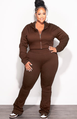 Final Sale Plus Size 2pc Hooded Crop Zip-Up Jacket and Pants Set in Brown