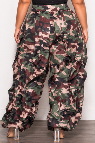 Final Sale Plus Size Wide Leg Drawstring Oversized Windbreaker Wavy Pants in Dark Camouflage Print