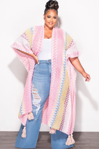 Final Sale Plus Size Knitted Cardigan with Bottom Tassels in Pink and Yellow