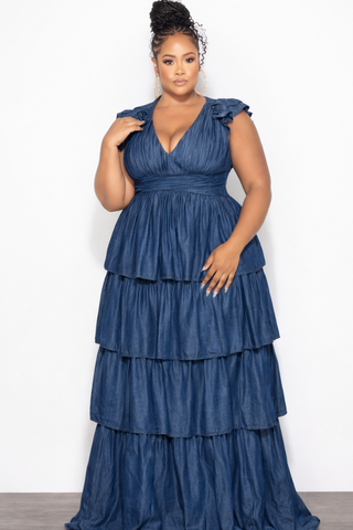 Final Sale Plus Size Multi Layered Ruffle Chambray Dress in Dark Denim